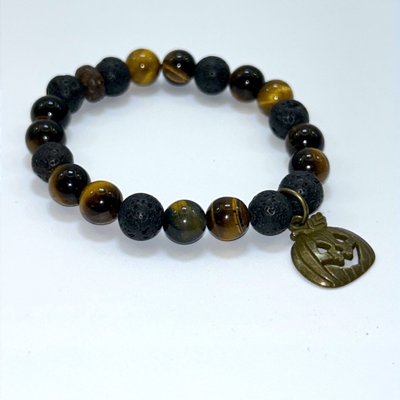 Handmade Halloween Pumpkin Charm Bracelet with Natural Tiger Eye & Lava Rock! - Picture 4 of 6